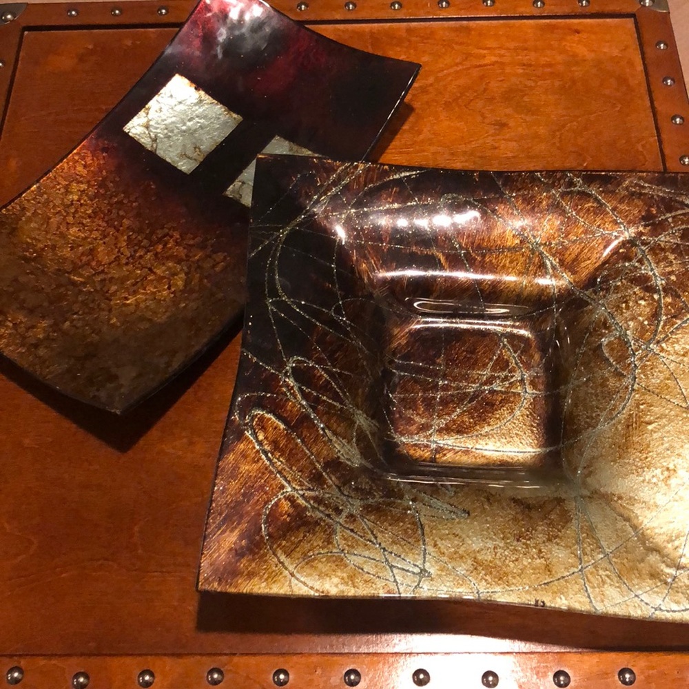 Set of 2 Glass Decorative Trays Square Rectangle Brown Copper Gold Home